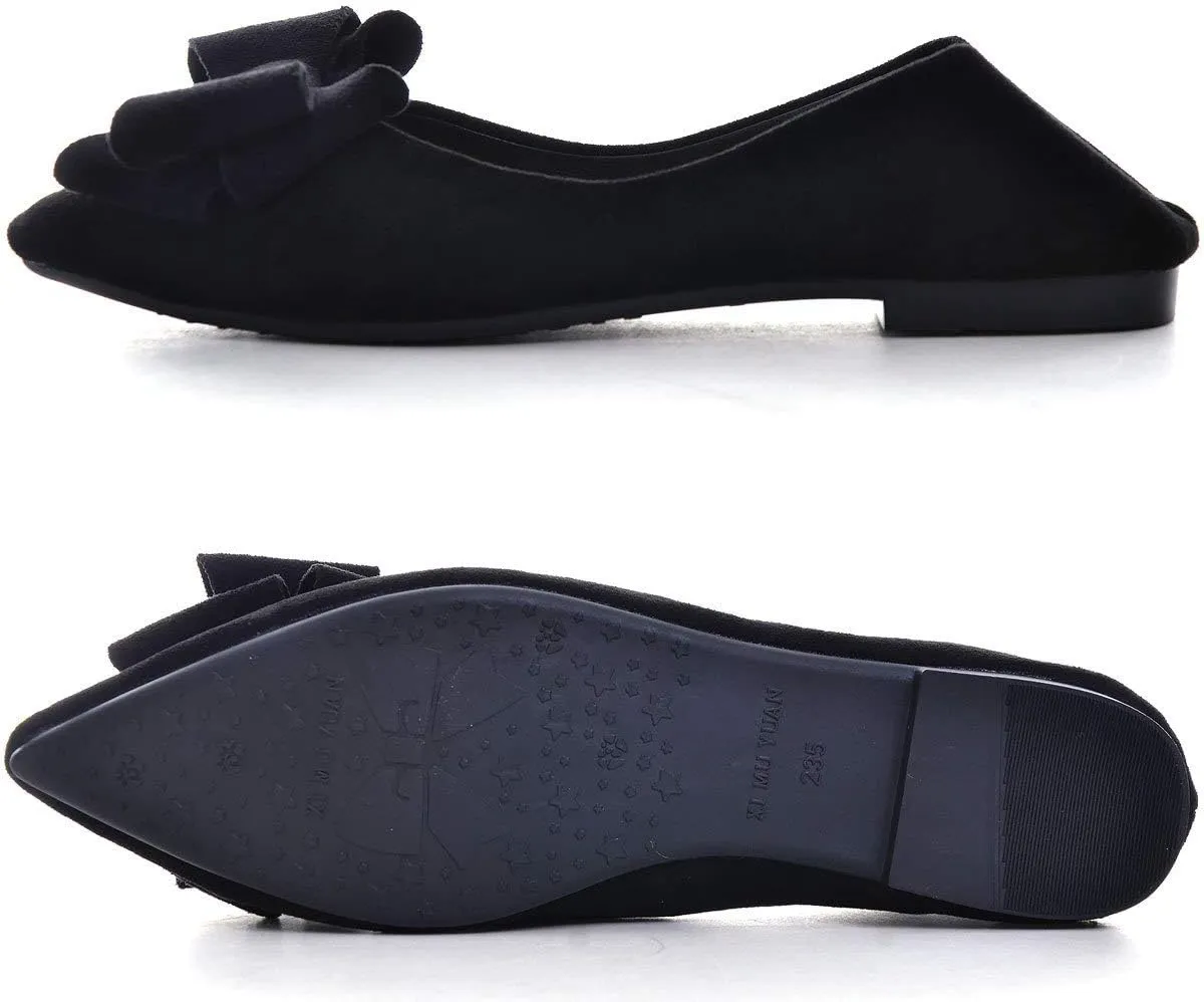 SAILING LU Womens Bow-Knot Ballet Flats Pointed Toe Low-Heel Shoes Suede Dress Shoes Slip On Moccasins