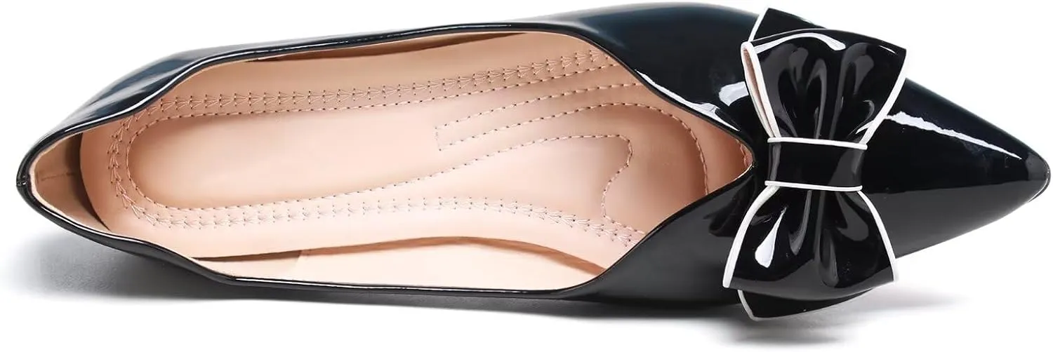 SAILING LU Womens Pointed Toe Shoes PU Ballet Flats Bow-Knot Dress Shoes Slip-on Comfortable Wear to Work Walking Flat Slip-ons
