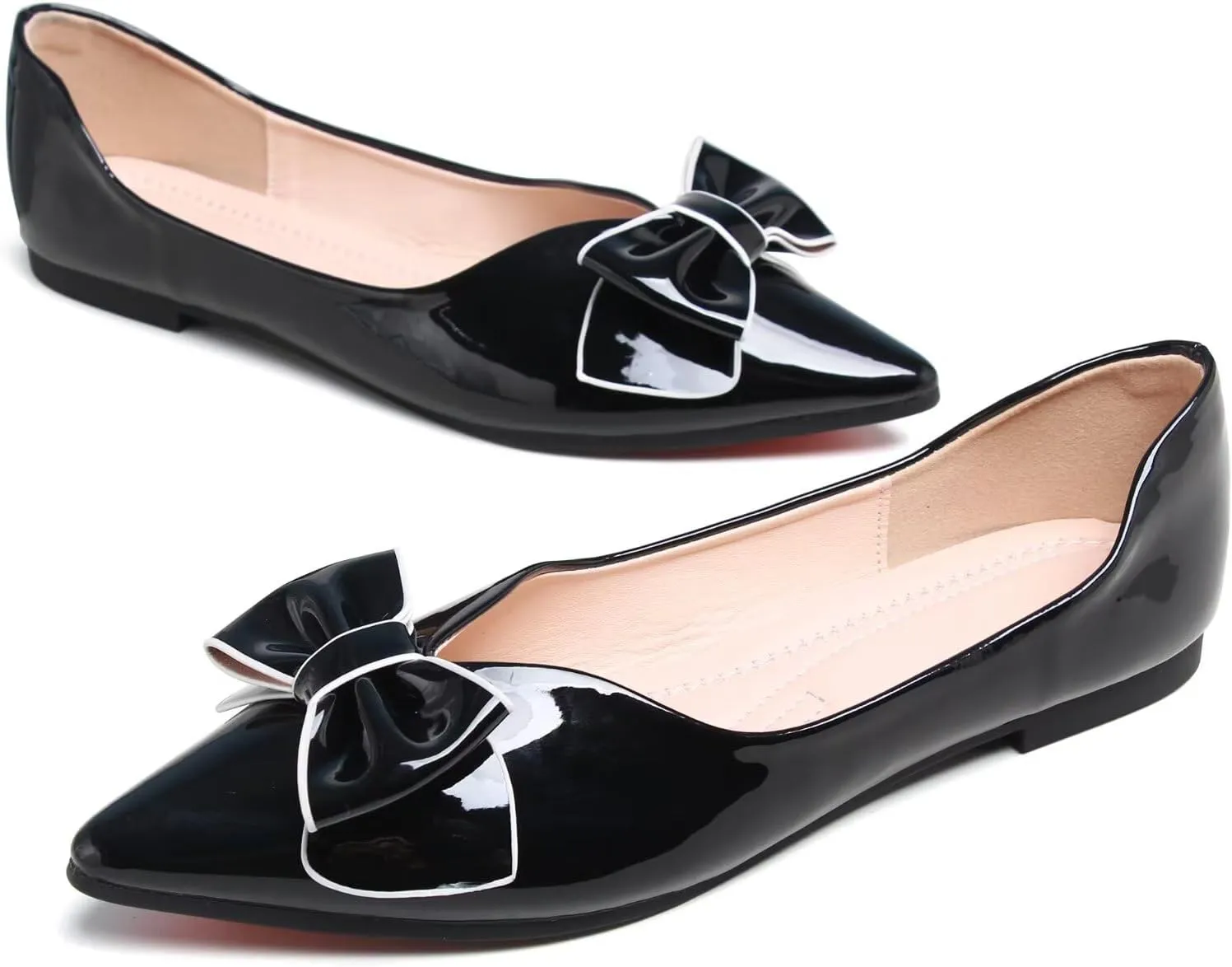 SAILING LU Womens Pointed Toe Shoes PU Ballet Flats Bow-Knot Dress Shoes Slip-on Comfortable Wear to Work Walking Flat Slip-ons