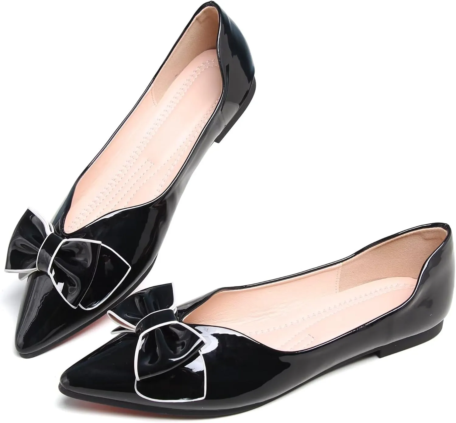 SAILING LU Womens Pointed Toe Shoes PU Ballet Flats Bow-Knot Dress Shoes Slip-on Comfortable Wear to Work Walking Flat Slip-ons