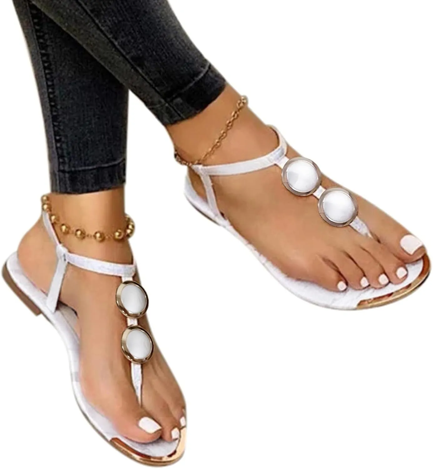 Sandals for Women Dressy Summer, Sandals Women Summer Casual Fashion Beaded Buckle Strap Sandals Beach Flat Flip Flops