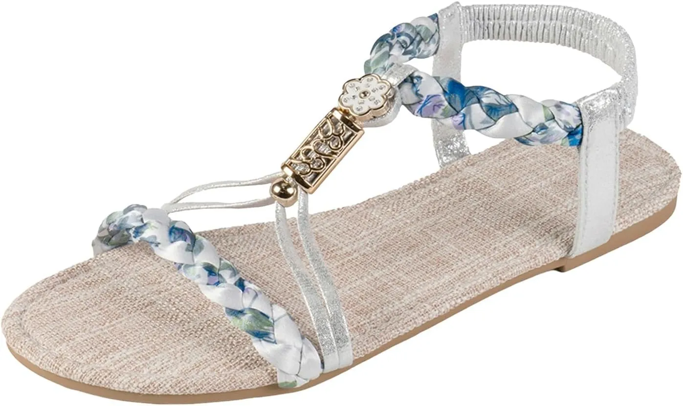 Sandals for Women Open Toe Comfort Walking Summer Beach Shoes Non Slip Dressy Ankle Elastic Jeweled Bohemian Flats