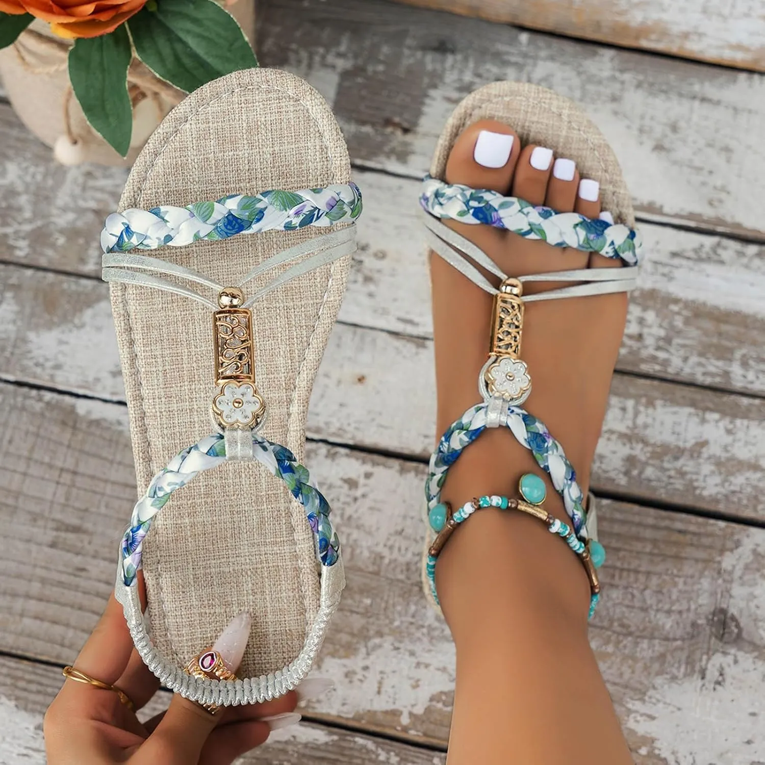 Sandals for Women Open Toe Comfort Walking Summer Beach Shoes Non Slip Dressy Ankle Elastic Jeweled Bohemian Flats
