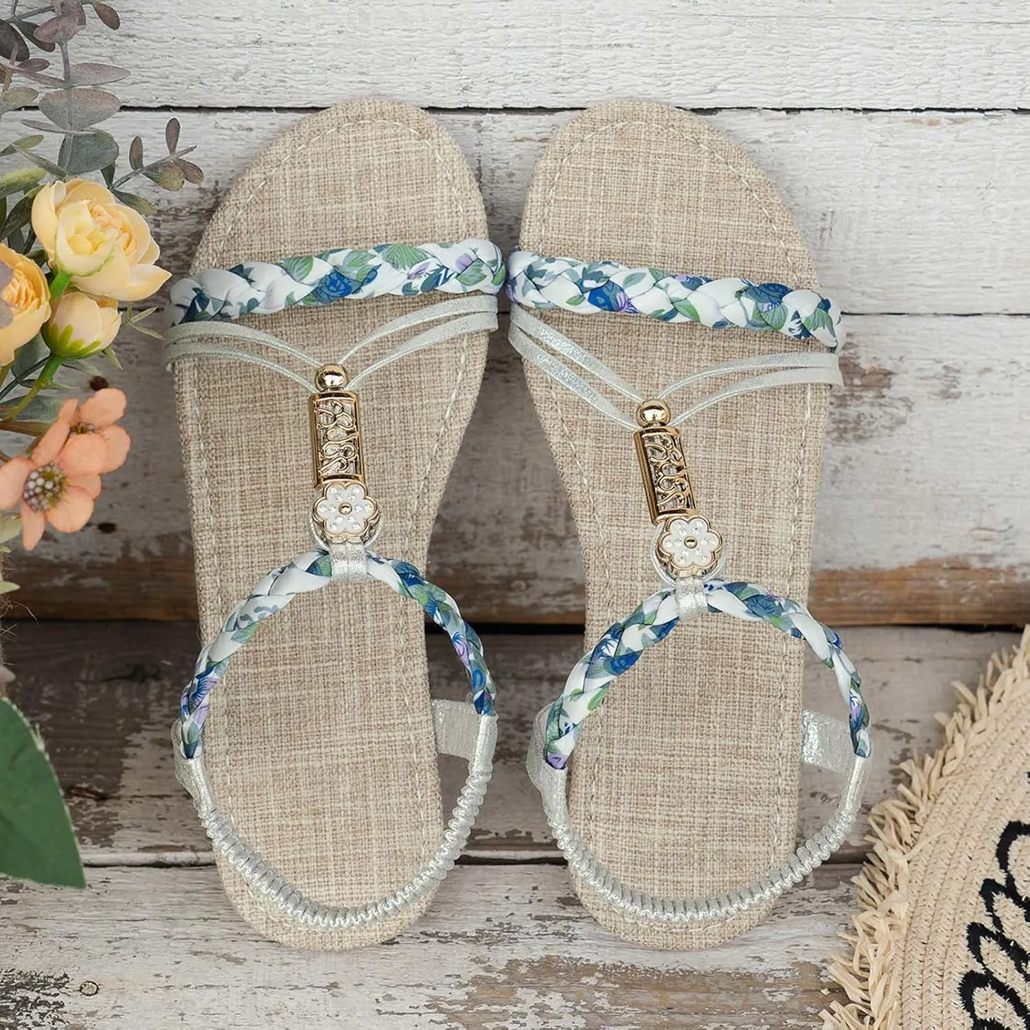 Sandals for Women Open Toe Comfort Walking Summer Beach Shoes Non Slip Dressy Ankle Elastic Jeweled Bohemian Flats