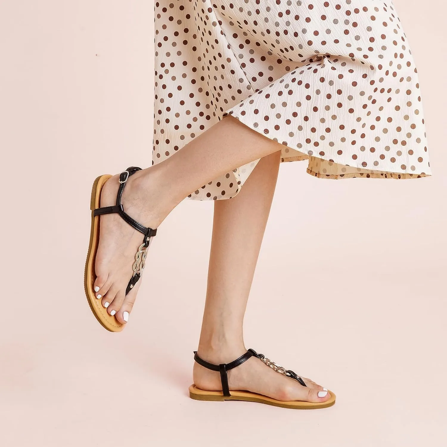 SANDALUP Thong Flat Sandals with Ring Metal and Adjustable Ankle Buckle for Women Summer