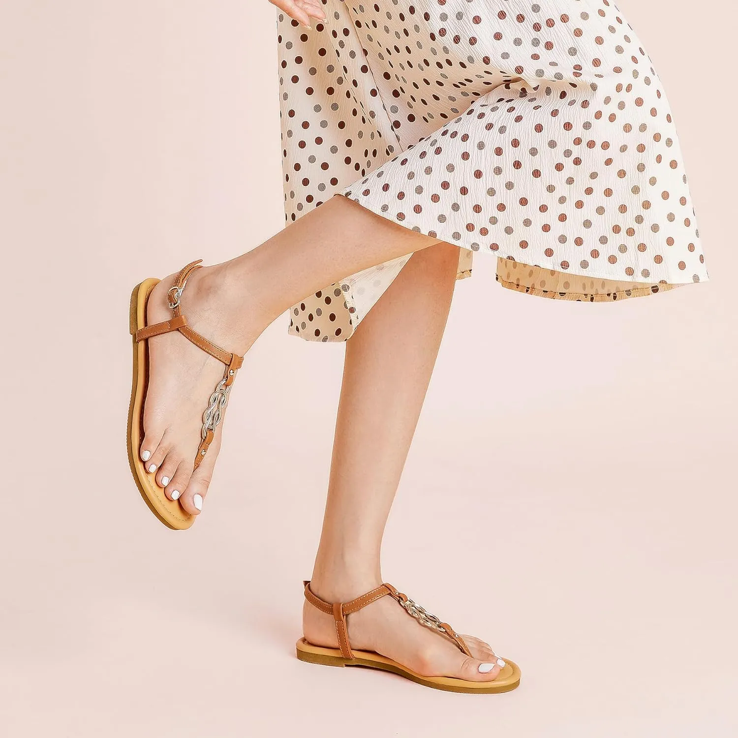 SANDALUP Thong Flat Sandals with Ring Metal and Adjustable Ankle Buckle for Women Summer