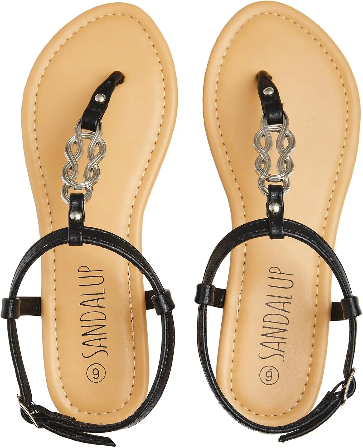 SANDALUP Thong Flat Sandals with Ring Metal and Adjustable Ankle Buckle for Women Summer