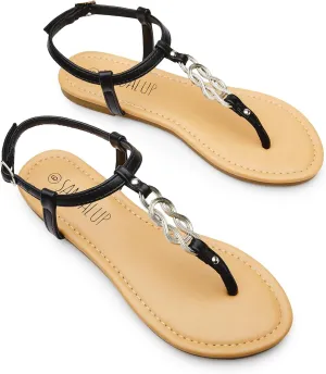 SANDALUP Thong Flat Sandals with Ring Metal and Adjustable Ankle Buckle for Women Summer