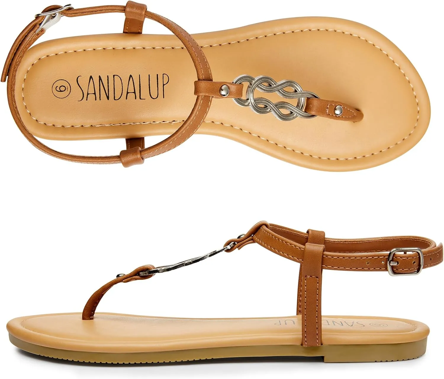 SANDALUP Thong Flat Sandals with Ring Metal and Adjustable Ankle Buckle for Women Summer