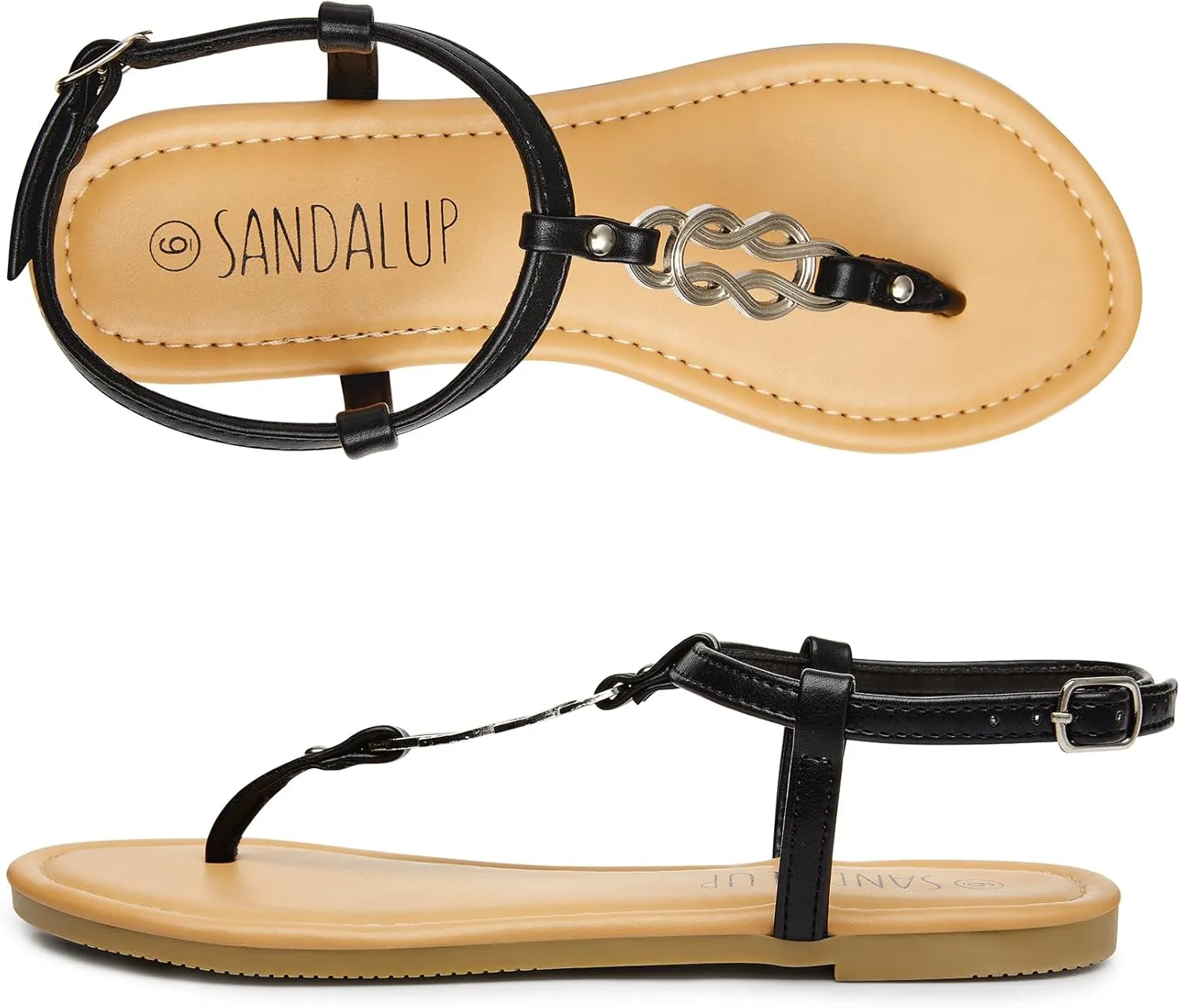 SANDALUP Thong Flat Sandals with Ring Metal and Adjustable Ankle Buckle for Women Summer