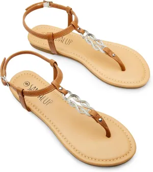 SANDALUP Thong Flat Sandals with Ring Metal and Adjustable Ankle Buckle for Women Summer
