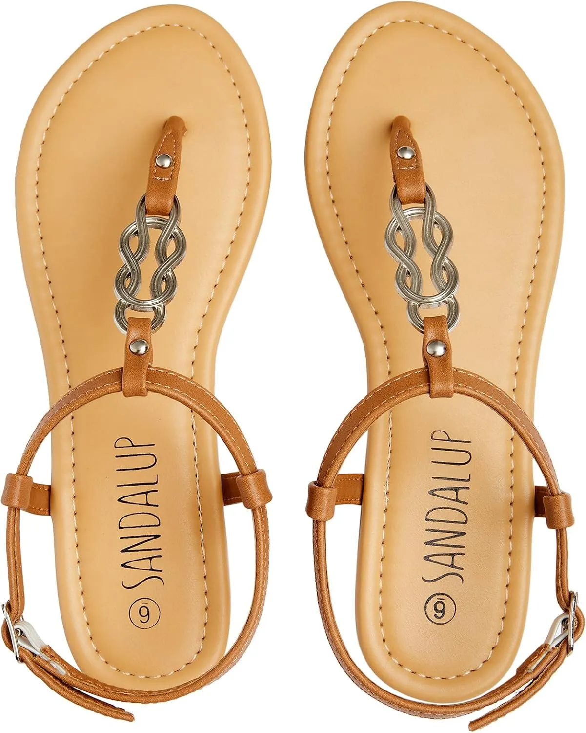SANDALUP Thong Flat Sandals with Ring Metal and Adjustable Ankle Buckle for Women Summer