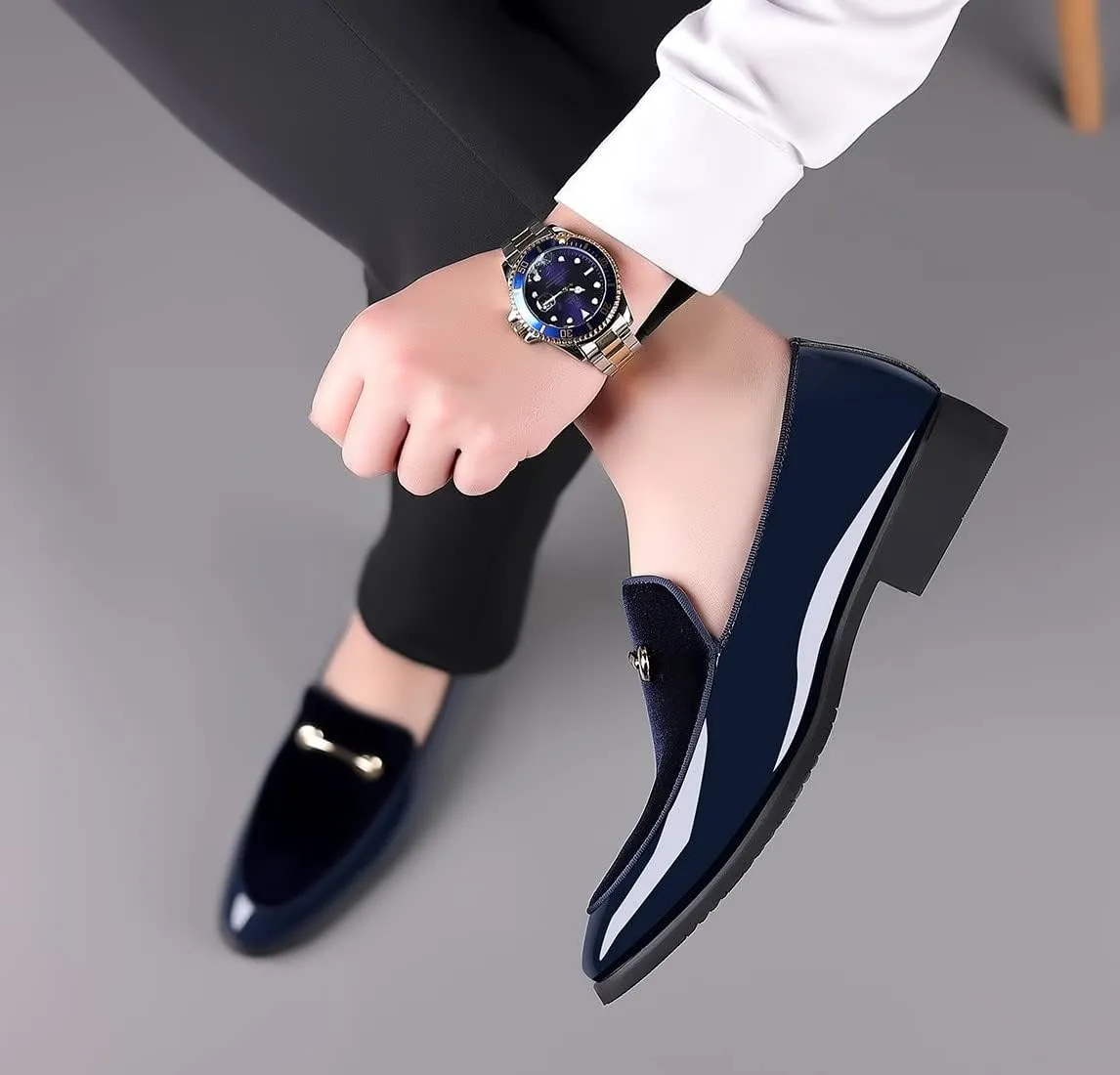 Santimon Mens Slip On Loafers Smoking Slipper Gold Buckle Moccasins Moccasins Casual Formal Business Wedding Shoes
