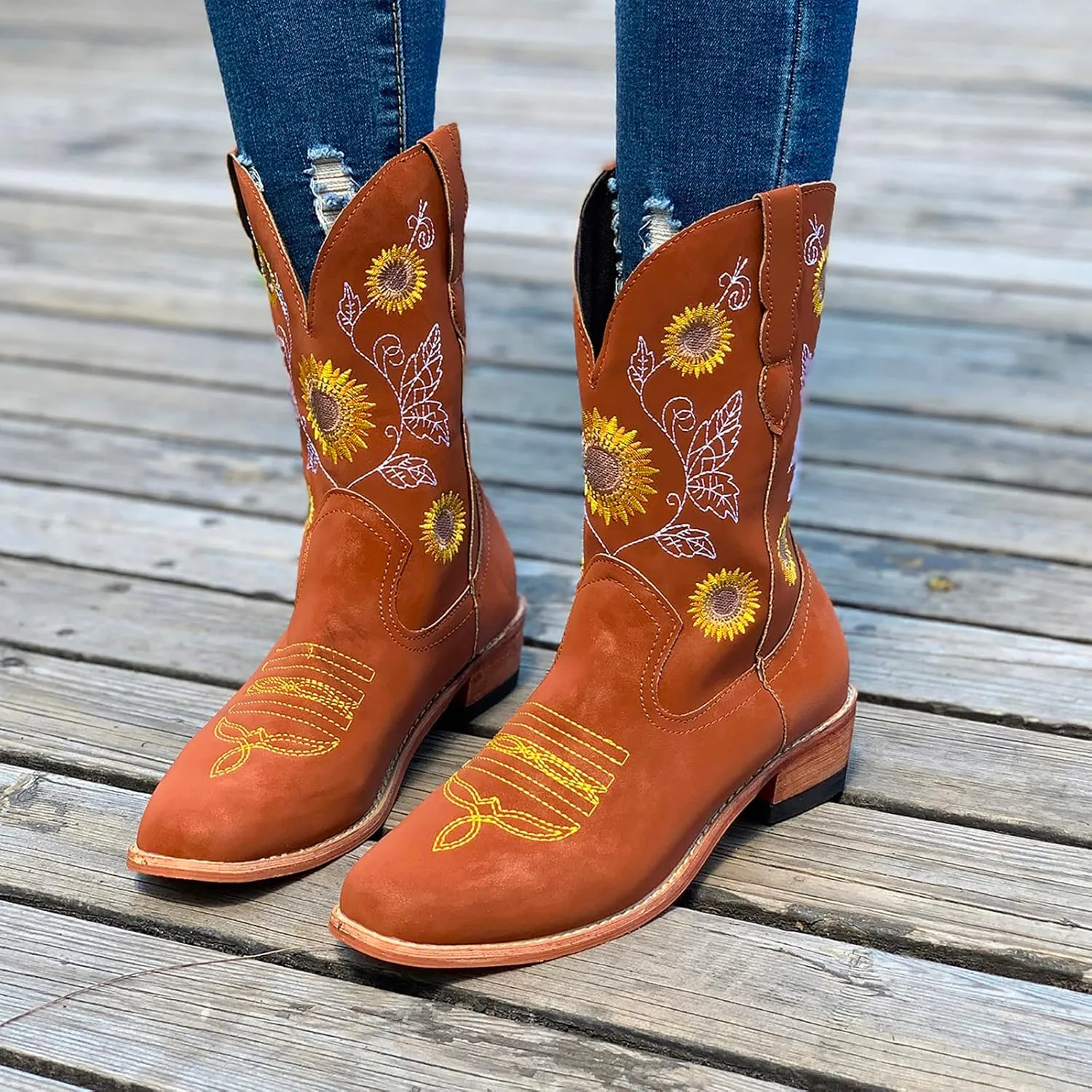 SBGMoSJ Cowgirl Cowboy Boots Brown Leather Wide Calf Boots Women Knee High Extra Wide Calf White Cowgirl Boots Women's Cowgirl Boots Brown Mid Calf Women Cowboy Boots Square Toe Wide