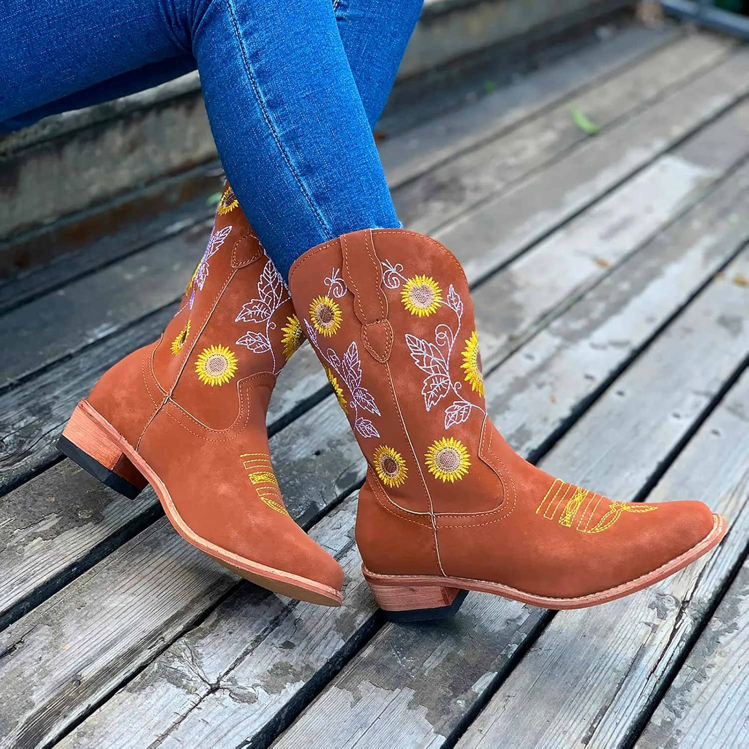 SBGMoSJ Cowgirl Cowboy Boots Brown Leather Wide Calf Boots Women Knee High Extra Wide Calf White Cowgirl Boots Women's Cowgirl Boots Brown Mid Calf Women Cowboy Boots Square Toe Wide