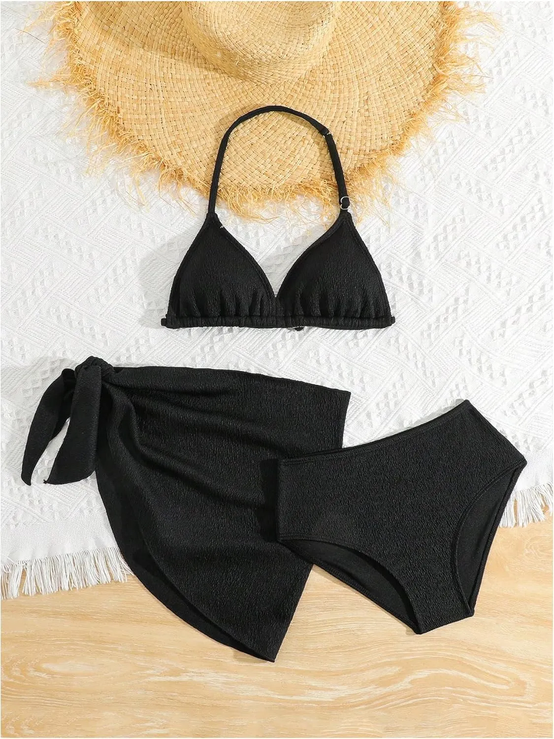 SHENHE Girl's 3 Pieces Halter Triangle Bikini Sets Spaghetti Strap Swimsuit Smocked Bathing Suit with Beach Skirt