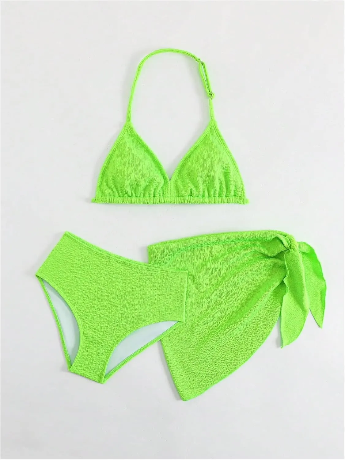 SHENHE Girl's 3 Pieces Halter Triangle Bikini Sets Spaghetti Strap Swimsuit Smocked Bathing Suit with Beach Skirt