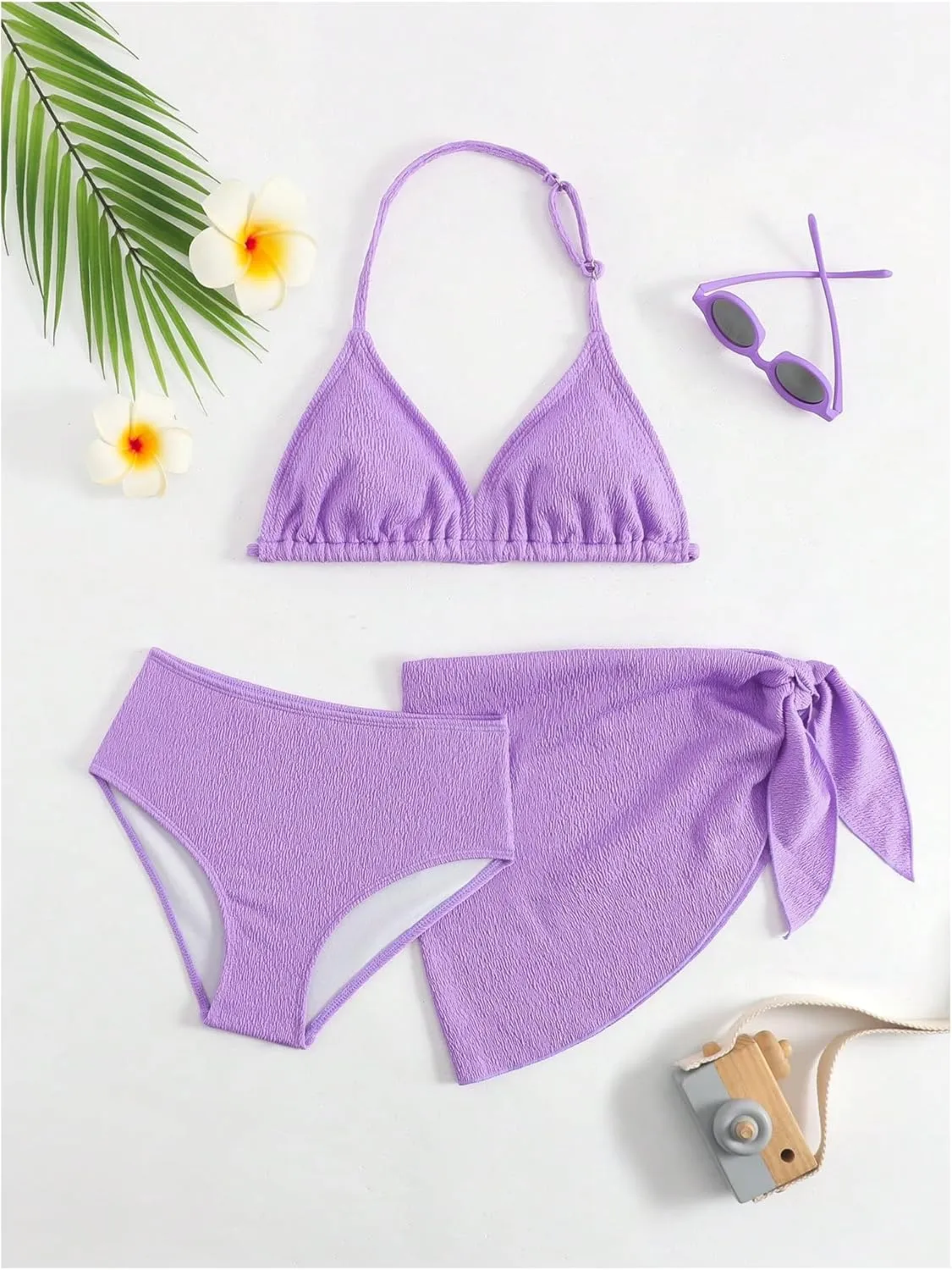 SHENHE Girl's 3 Pieces Halter Triangle Bikini Sets Spaghetti Strap Swimsuit Smocked Bathing Suit with Beach Skirt