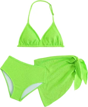 SHENHE Girl's 3 Pieces Halter Triangle Bikini Sets Spaghetti Strap Swimsuit Smocked Bathing Suit with Beach Skirt