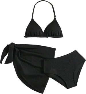 SHENHE Girl's 3 Pieces Halter Triangle Bikini Sets Spaghetti Strap Swimsuit Smocked Bathing Suit with Beach Skirt