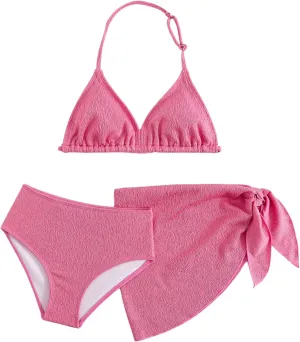 SHENHE Girl's 3 Pieces Halter Triangle Bikini Sets Spaghetti Strap Swimsuit Smocked Bathing Suit with Beach Skirt