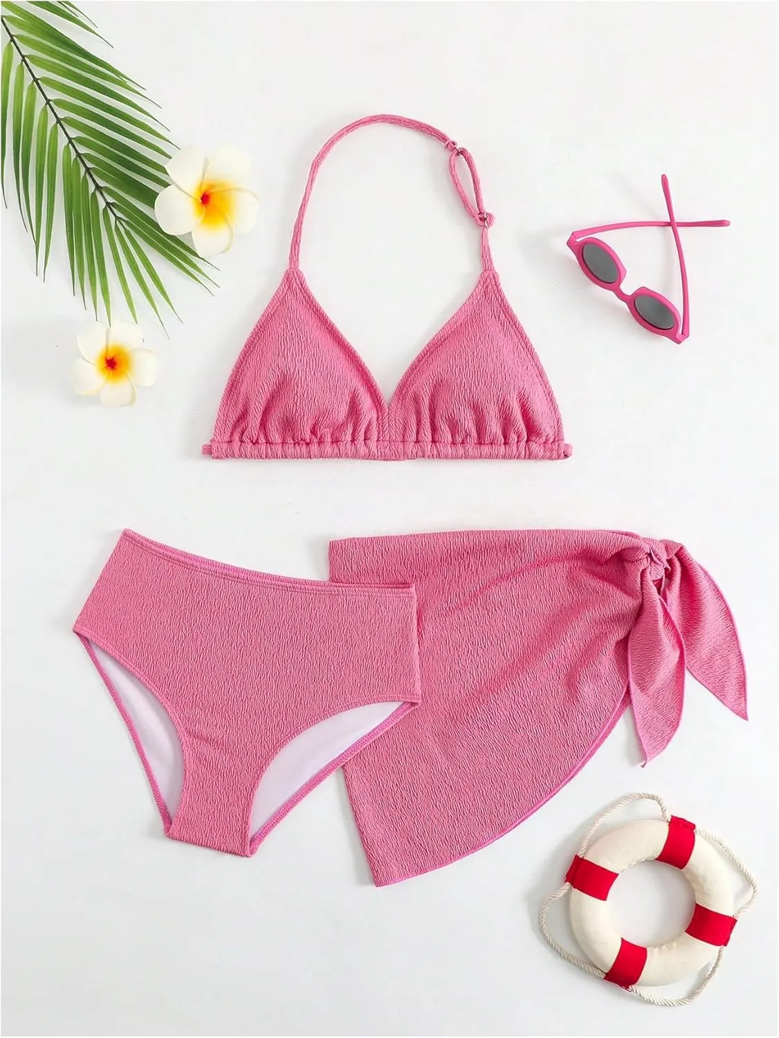 SHENHE Girl's 3 Pieces Halter Triangle Bikini Sets Spaghetti Strap Swimsuit Smocked Bathing Suit with Beach Skirt