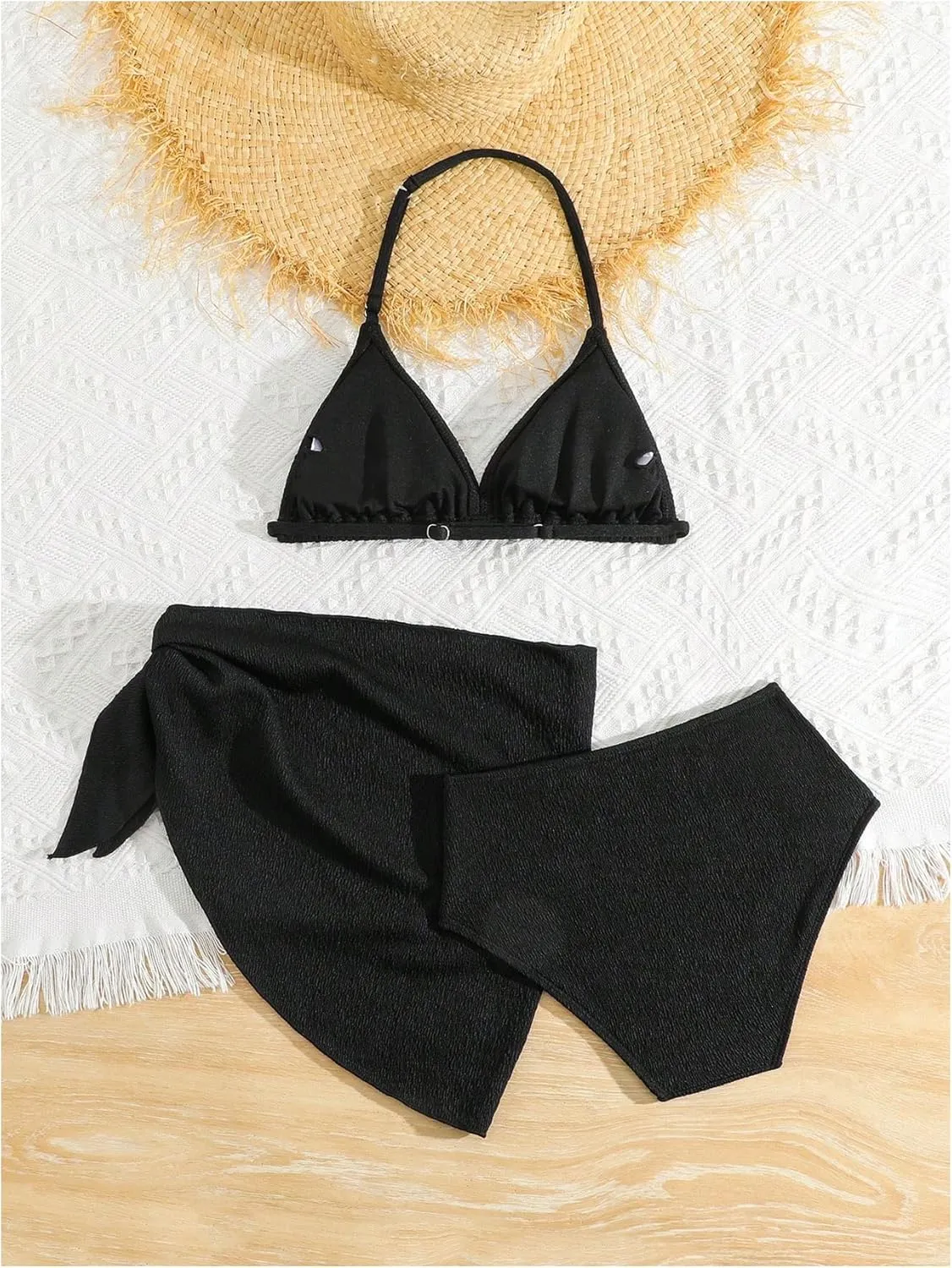 SHENHE Girl's 3 Pieces Halter Triangle Bikini Sets Spaghetti Strap Swimsuit Smocked Bathing Suit with Beach Skirt