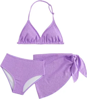 SHENHE Girl's 3 Pieces Halter Triangle Bikini Sets Spaghetti Strap Swimsuit Smocked Bathing Suit with Beach Skirt