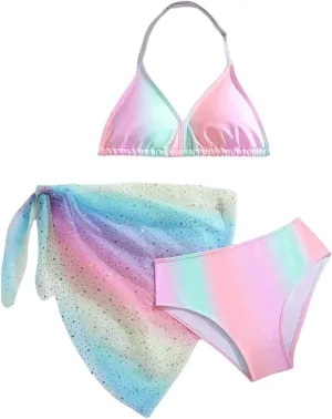 SHENHE Girl's 3 Pieces Halter Triangle Bikini Sets Spaghetti Strap Swimsuit Smocked Bathing Suit with Beach Skirt