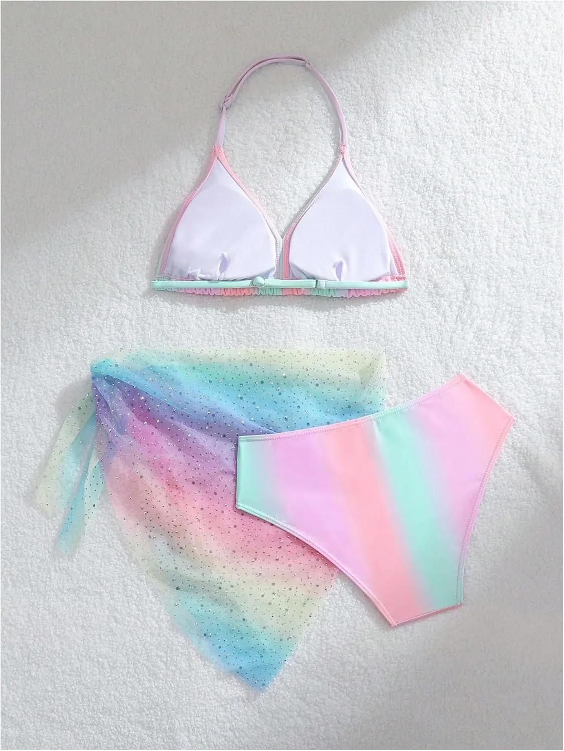 SHENHE Girl's 3 Pieces Halter Triangle Bikini Sets Spaghetti Strap Swimsuit Smocked Bathing Suit with Beach Skirt