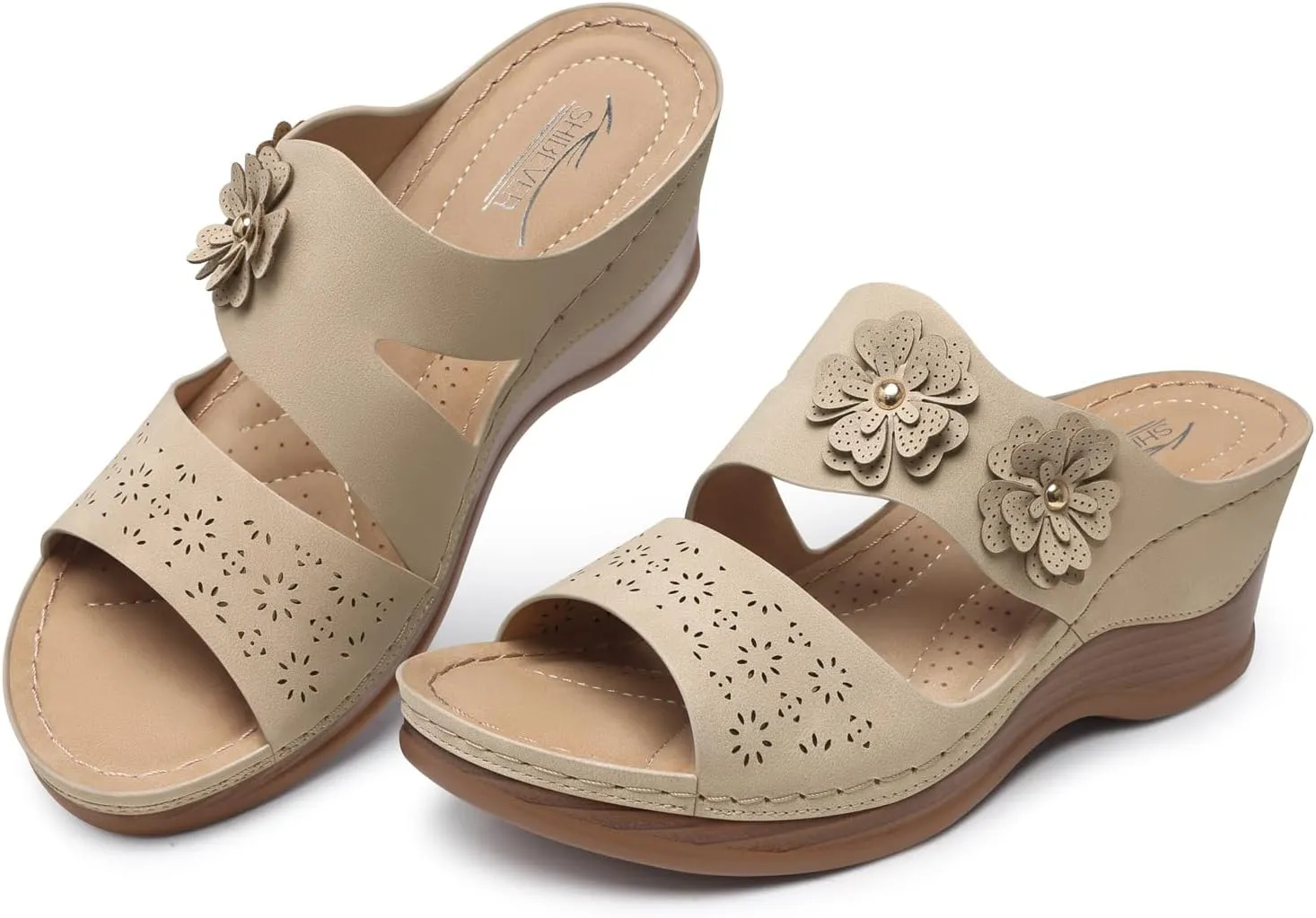 SHIBEVER Wedge Sandals for Women Hollow Out Slip On Platform Wedge Sandals Summer Casual Walking Shoes