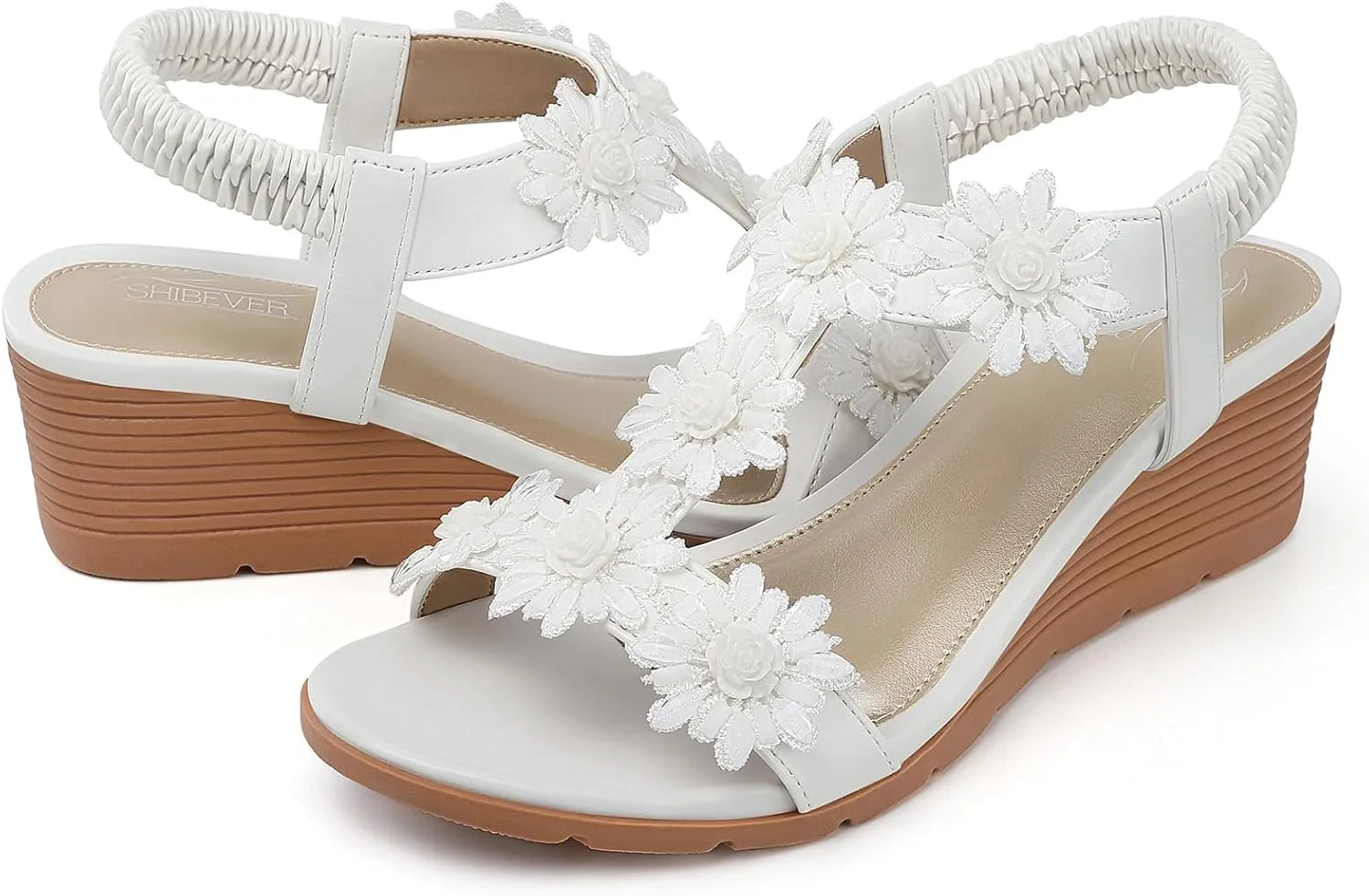 SHIBEVER Womens Sandals Wedge Flower: Open Toe Elastic Ankle Strap Wedge Sandal - Dressy Sandals Women - Comfortable Summer Bohemia