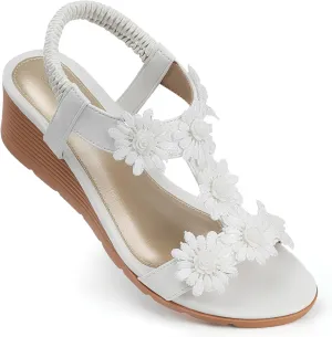 SHIBEVER Womens Sandals Wedge Flower: Open Toe Elastic Ankle Strap Wedge Sandal - Dressy Sandals Women - Comfortable Summer Bohemia