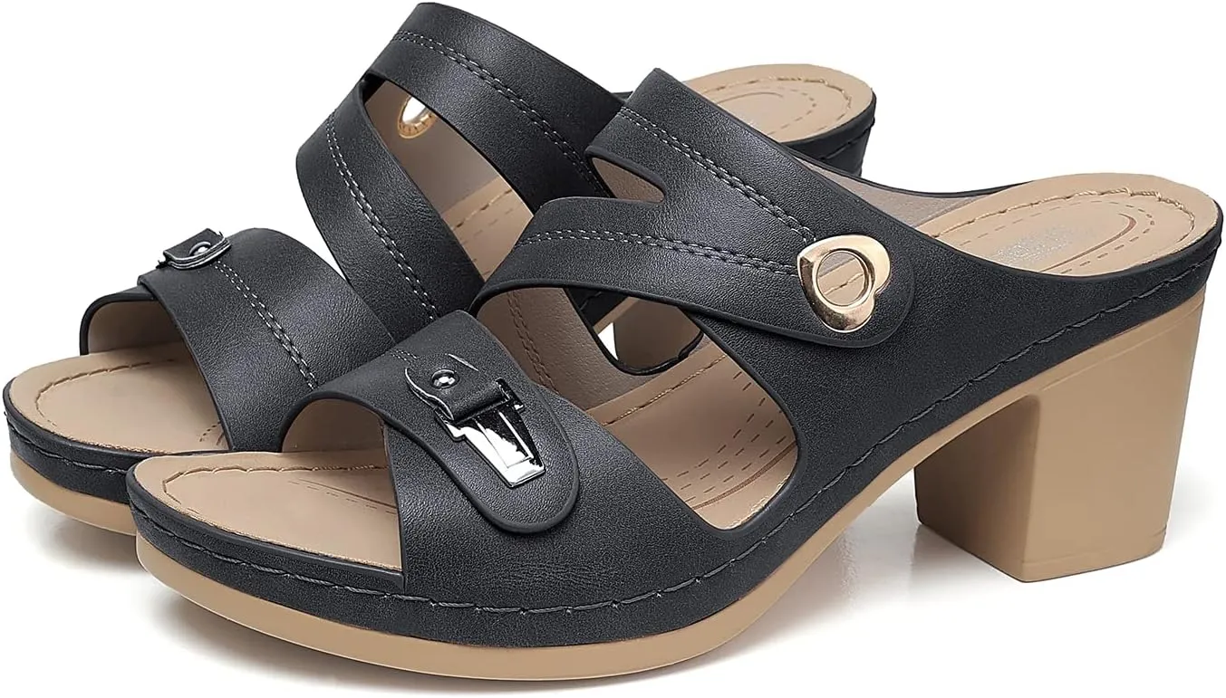 SHIBEVER Women's Summer Sandals, Low Wedge Block Heels, Comfortable PU Leather, Slip-On, Open Toe, Dressy & Casual