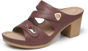 SHIBEVER Women's Summer Sandals, Low Wedge Block Heels, Comfortable PU Leather, Slip-On, Open Toe, Dressy & Casual