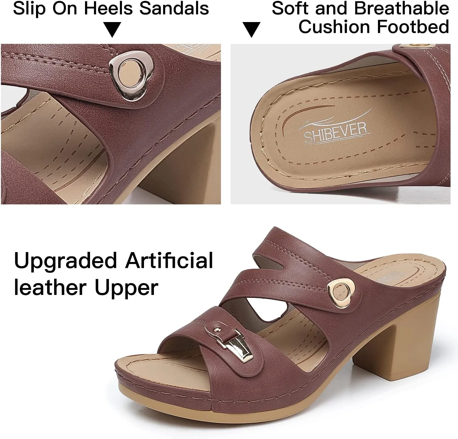 SHIBEVER Women's Summer Sandals, Low Wedge Block Heels, Comfortable PU Leather, Slip-On, Open Toe, Dressy & Casual