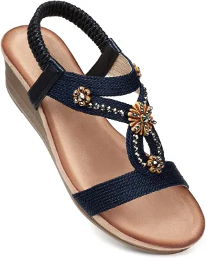SHIBEVER Womens Wedge Sandals Flower Low Heel Dressy Sandals Elastic Ankle Strap Rhinestone Summer Comfortable Shoe