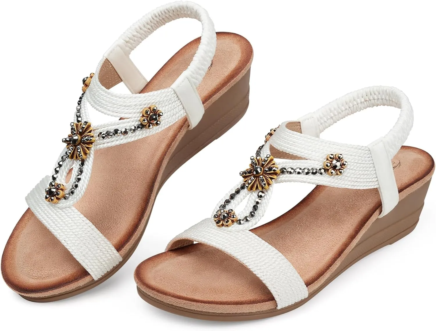 SHIBEVER Womens Wedge Sandals Flower Low Heel Dressy Sandals Elastic Ankle Strap Rhinestone Summer Comfortable Shoe