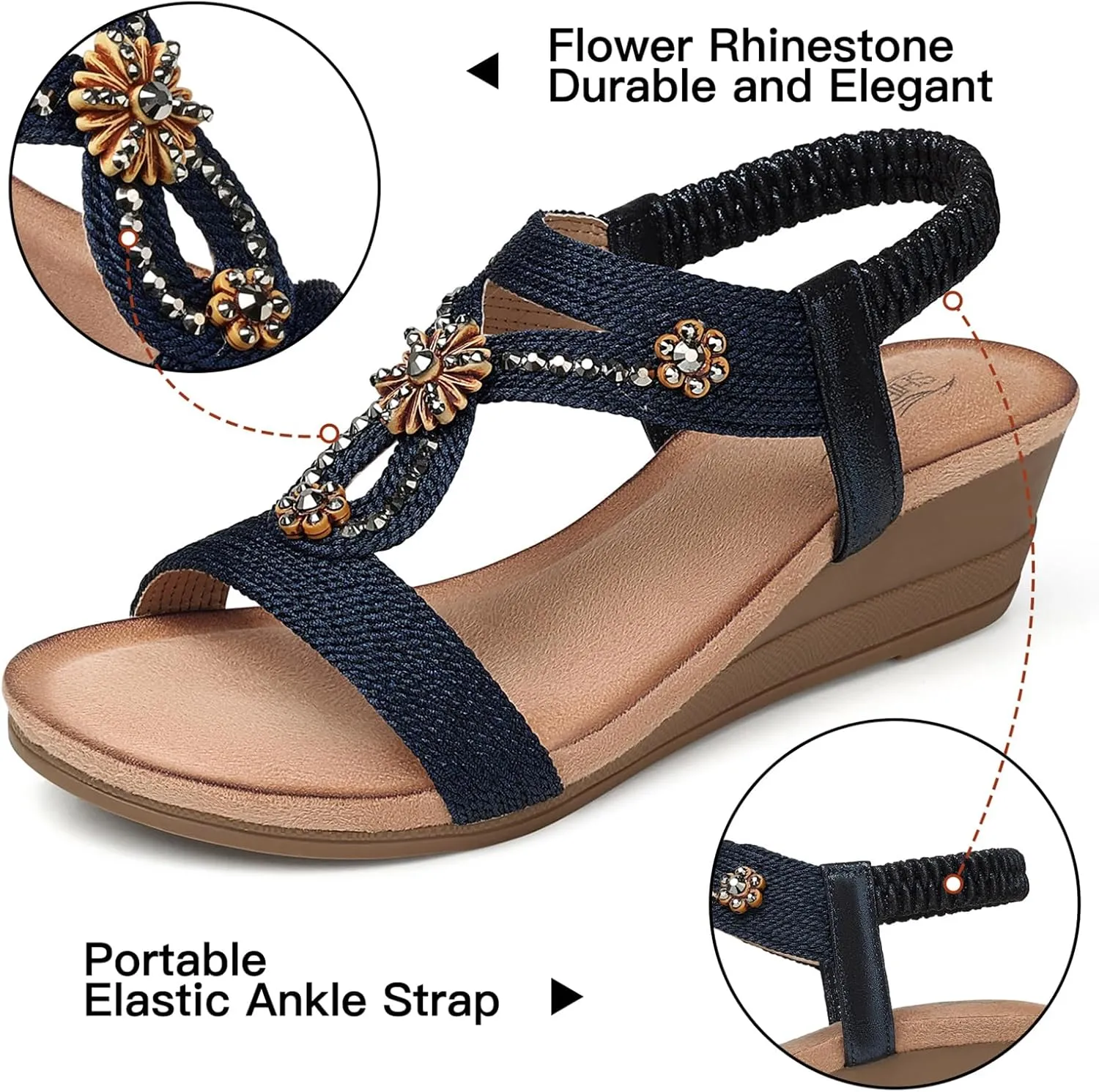 SHIBEVER Womens Wedge Sandals Flower Low Heel Dressy Sandals Elastic Ankle Strap Rhinestone Summer Comfortable Shoe