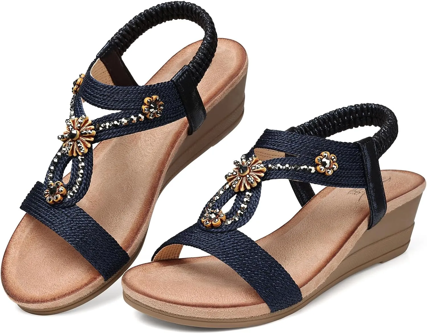 SHIBEVER Womens Wedge Sandals Flower Low Heel Dressy Sandals Elastic Ankle Strap Rhinestone Summer Comfortable Shoe