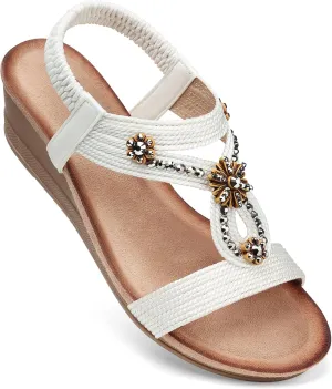 SHIBEVER Womens Wedge Sandals Flower Low Heel Dressy Sandals Elastic Ankle Strap Rhinestone Summer Comfortable Shoe