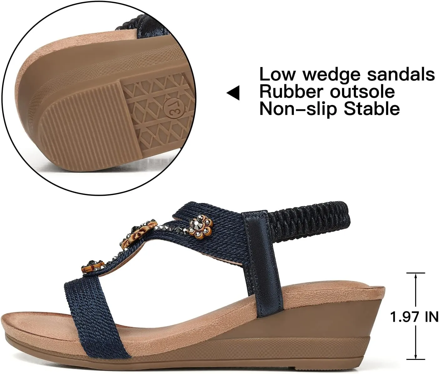 SHIBEVER Womens Wedge Sandals Flower Low Heel Dressy Sandals Elastic Ankle Strap Rhinestone Summer Comfortable Shoe