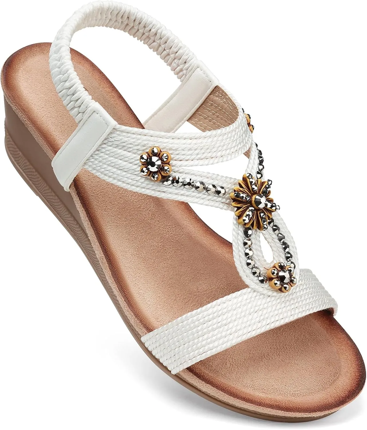 SHIBEVER Womens Wedge Sandals Flower Low Heel Dressy Sandals Elastic Ankle Strap Rhinestone Summer Comfortable Shoe