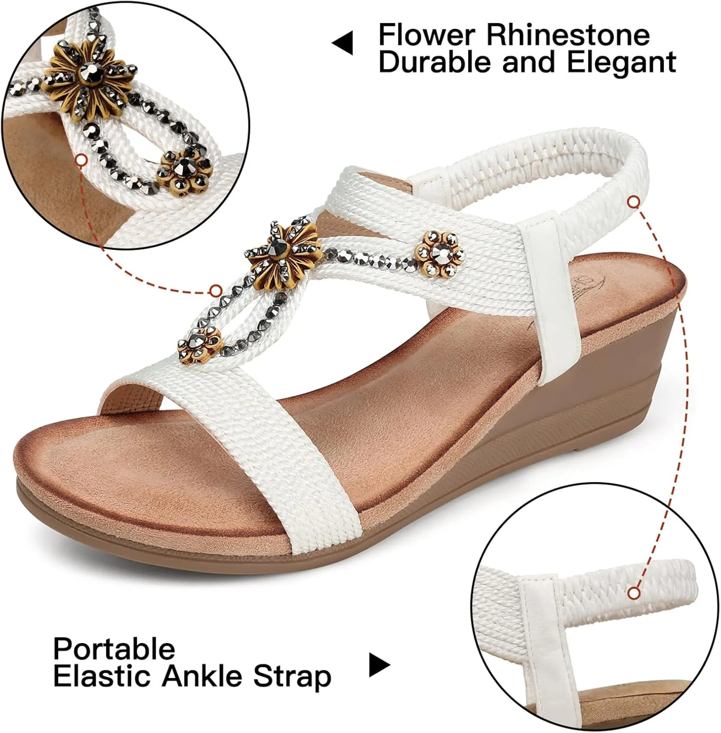 SHIBEVER Womens Wedge Sandals Flower Low Heel Dressy Sandals Elastic Ankle Strap Rhinestone Summer Comfortable Shoe