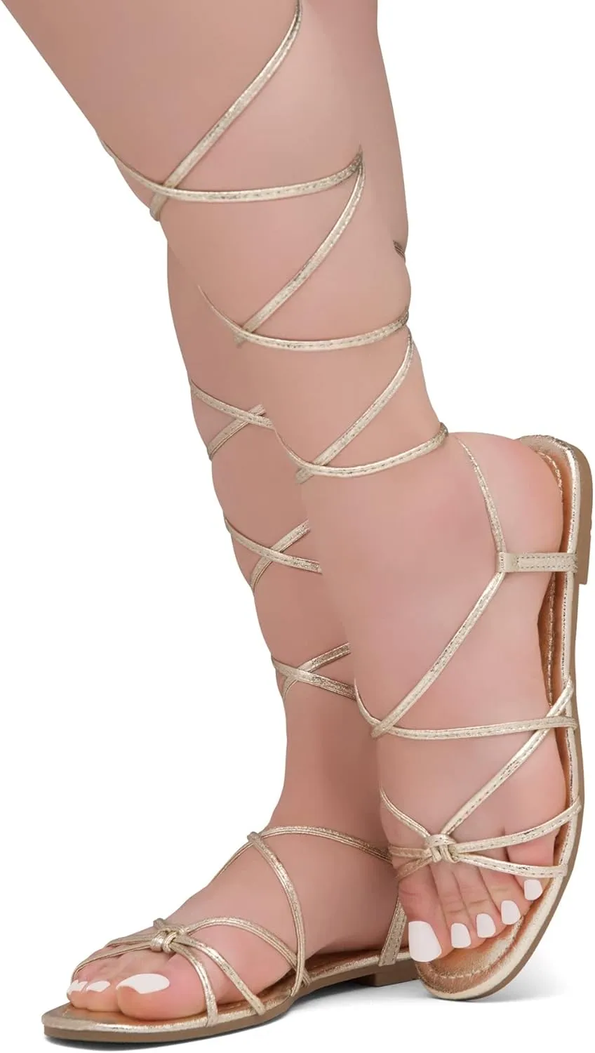 Shoe Land Flashh Women's Flat Strappy Lace Up Sandal Open Toe Comfortable Dressy Gladiator Sandals Tie up Ankle Strap Shoes for Summer