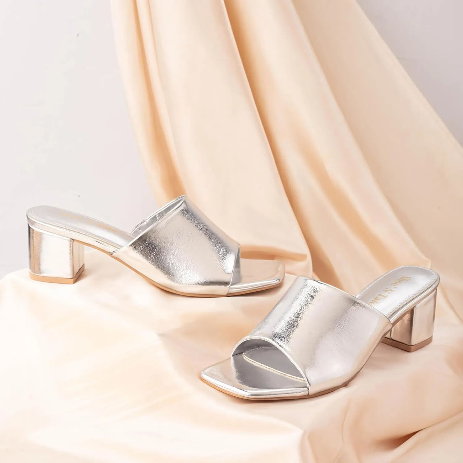 Shoe'N Tale Heeled Sandals For Women Square Open Toe Heeled Mules Chunky Block Low Heel Slip On Slides
