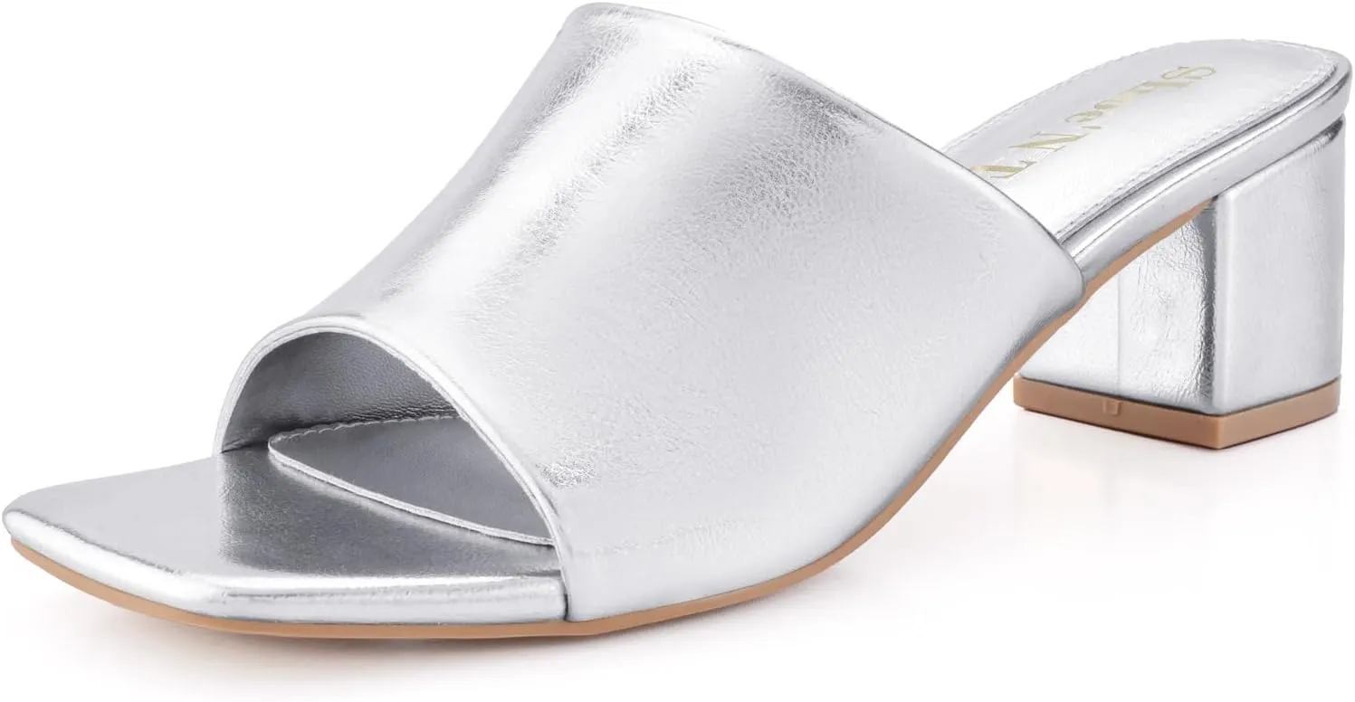 Shoe'N Tale Heeled Sandals For Women Square Open Toe Heeled Mules Chunky Block Low Heel Slip On Slides