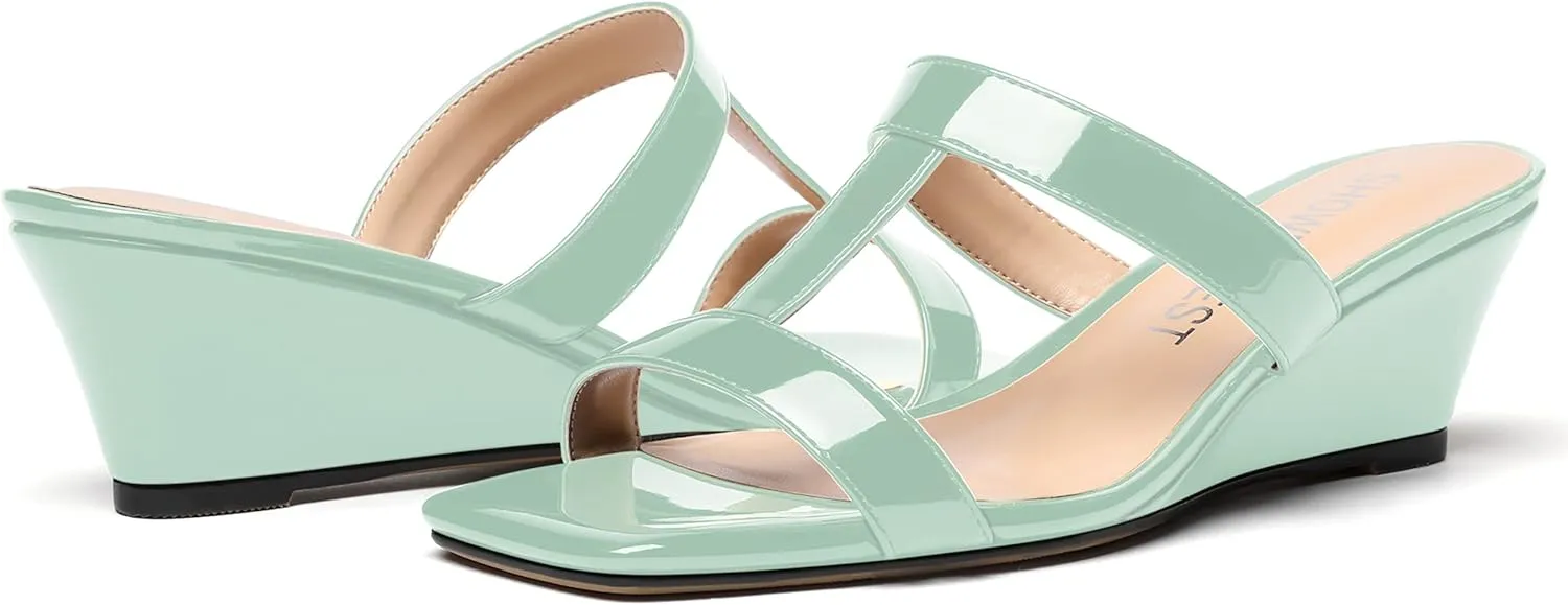 SHOWFOREST Women's Slip On Summer Cut Out Patent Open Toe Dress Square Toe Wedge Low Heel Sandals 2 Inch