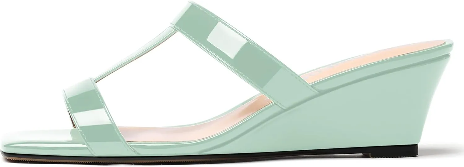 SHOWFOREST Women's Slip On Summer Cut Out Patent Open Toe Dress Square Toe Wedge Low Heel Sandals 2 Inch