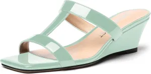 SHOWFOREST Women's Slip On Summer Cut Out Patent Open Toe Dress Square Toe Wedge Low Heel Sandals 2 Inch